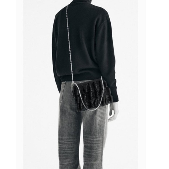 New Zara Black Ruffle Mesh Crossbody Bay With Rhinestone Strap Decor - Picture 3 of 9